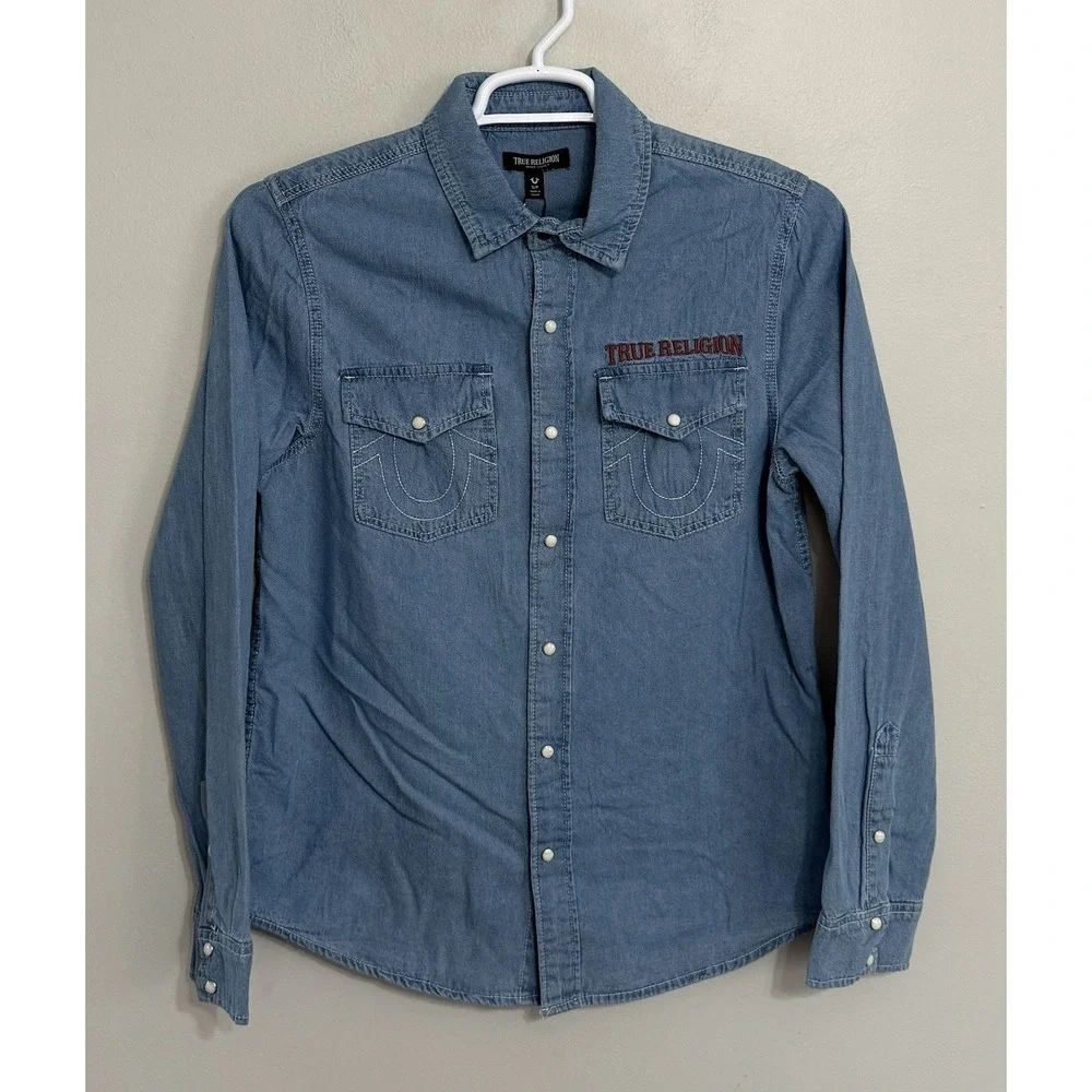 NWT True Religion Men's Small Pearl Snap Chambray Long Sleeve Button Up Shirt